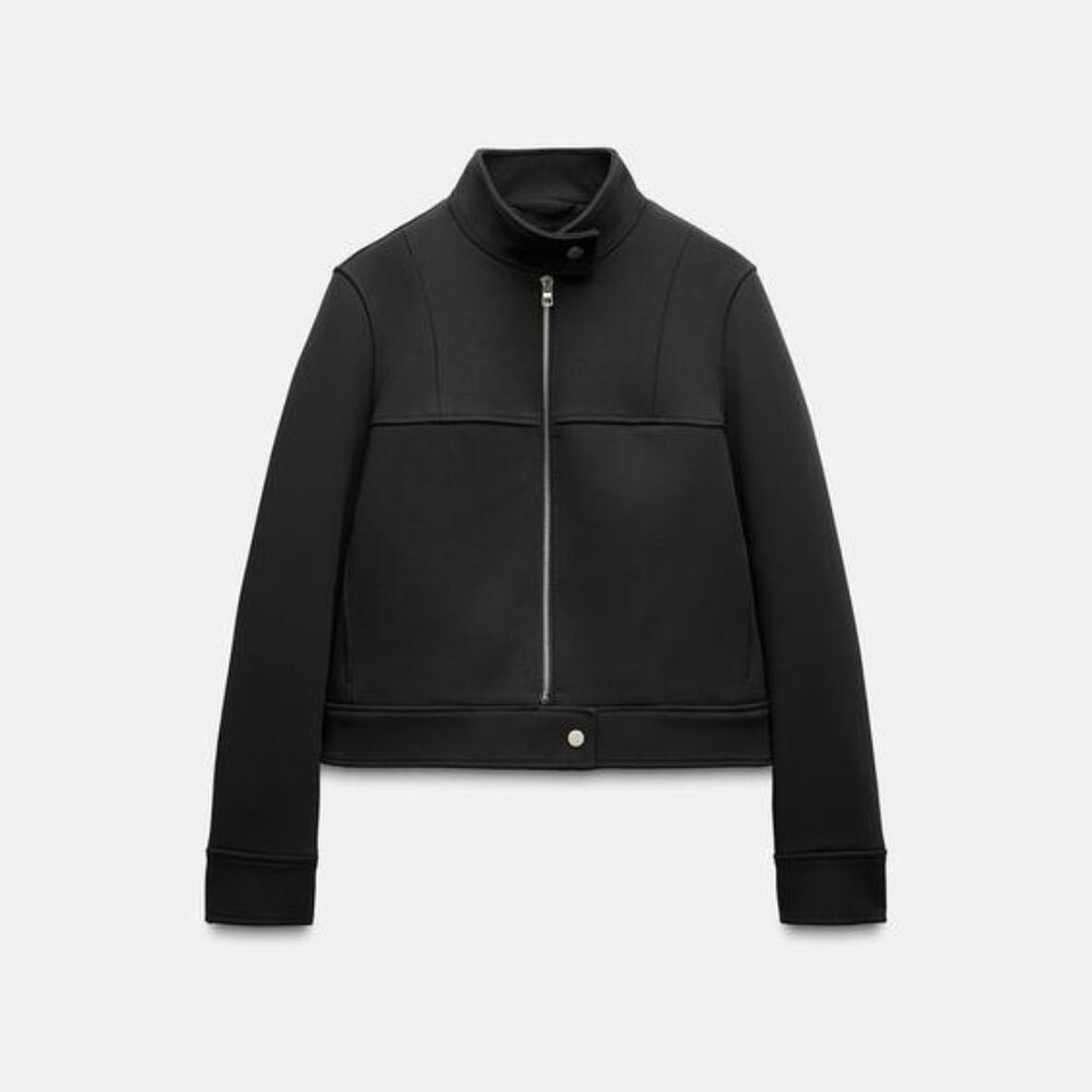 NWT ZARA Neoprene Black Zip Front Jacket - Small